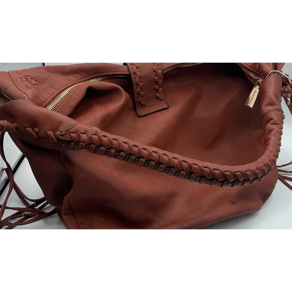 Big Buddha Faux Leather Hobo Bag Brown Boho Ring Tassel Braided Strap Large - Picture 5 of 9